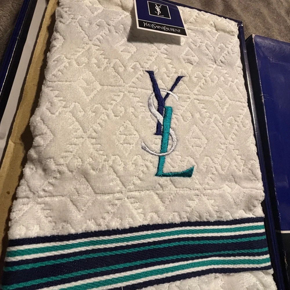 Yves Saint Laurent White Towel with Blue and Teal Stripes. New in the box